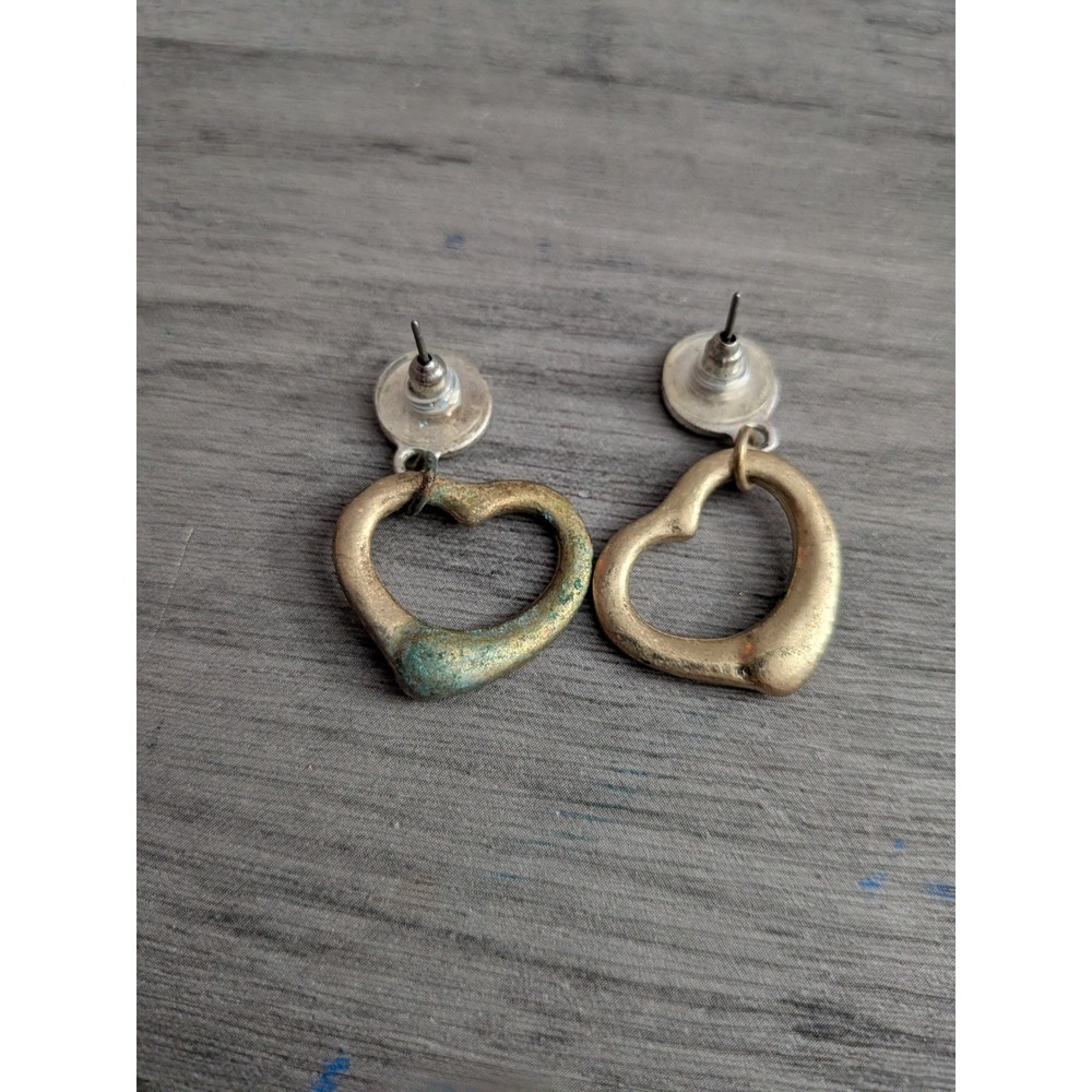 Mixed Metal Two Tone Heart Drop Earrings Silver Gold Tone Post Backs - Picture 2 of 2